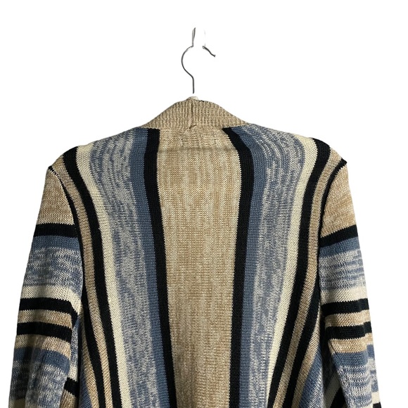 Majora Women's Tan/Blue Striped Open Front Fringed Knit Cardigan - Picture 7 of 10